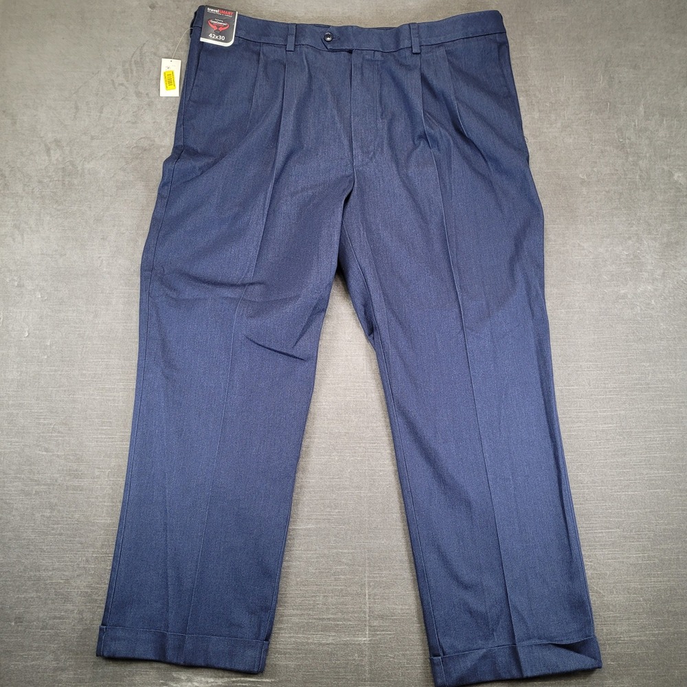 Roundtree & Yorke Dress Pants Mens 42x30 Indigo TravelSmart Pleated Cuffed